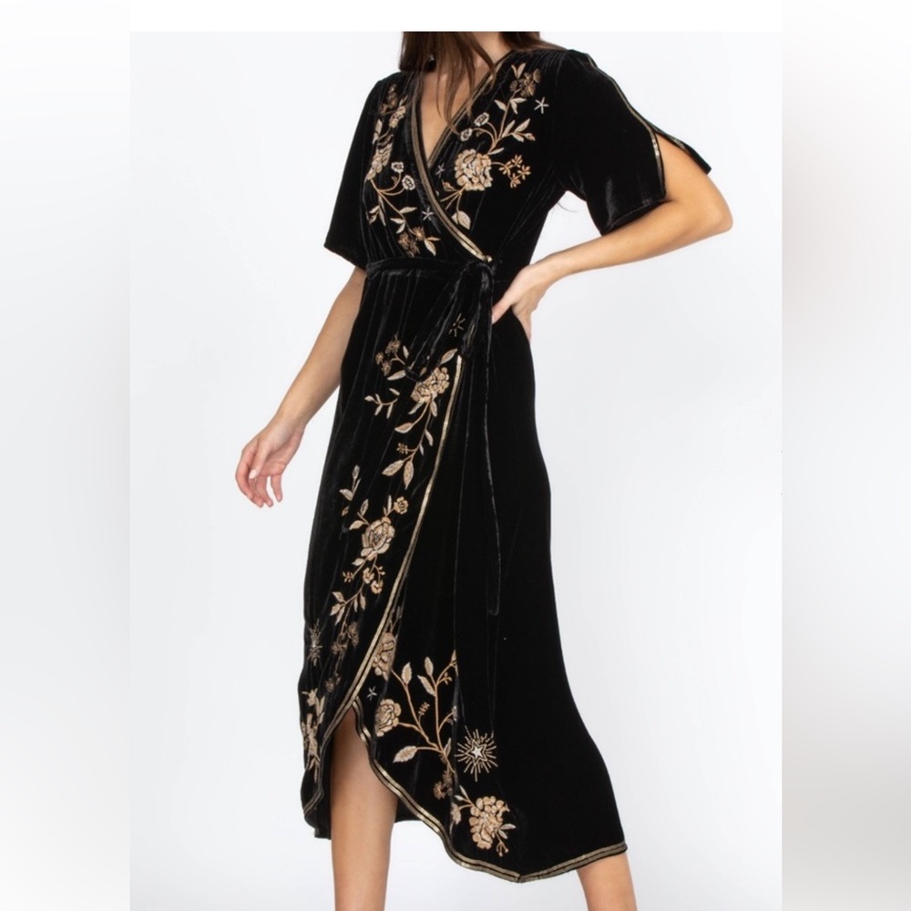 Johnny Was Black Velvet Midi Dress with Gold Floral Embroidery - Picture 2 of 6